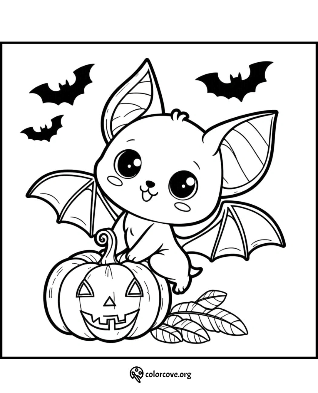 Cute bat with pumpkin and bats coloring page for Halloween fun. Perfect for kids' spooky holiday creativity.