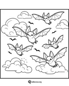 Cute bats coloring page with five bats flying among clouds in the sky, perfect for kids and Halloween-themed fun.