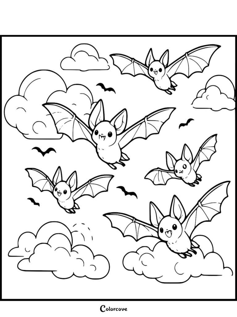 A printable coloring page featuring five adorable cartoon bats flying through a sky filled with fluffy clouds and small silhouettes.