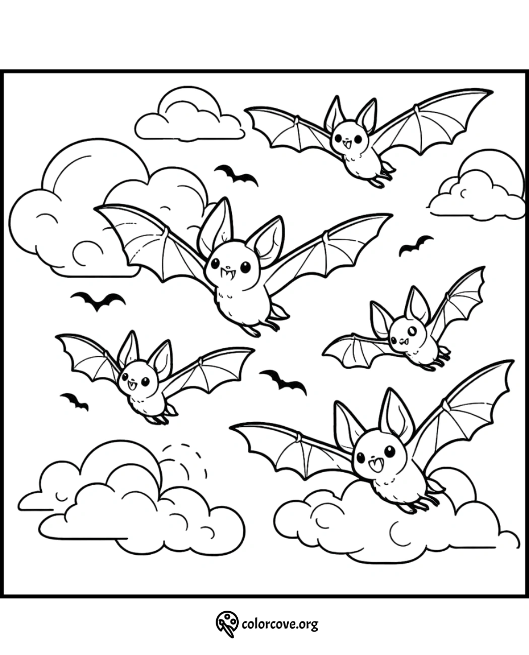 Cute bats coloring page with five bats flying among clouds in the sky, perfect for kids and Halloween-themed fun.