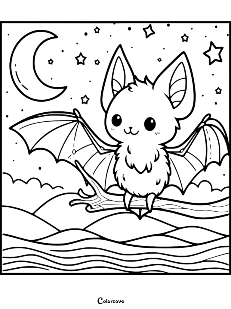 A kawaii bat with large eyes and ears perched on a tree branch under a crescent moon and stars, line art coloring page.