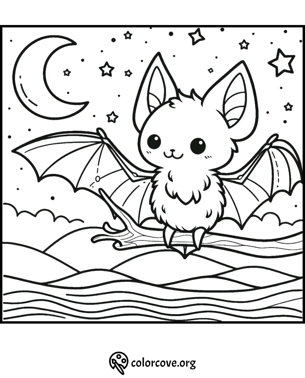 Cute bat coloring page for kids featuring a bat sitting on a branch under a night sky with stars and a crescent moon.