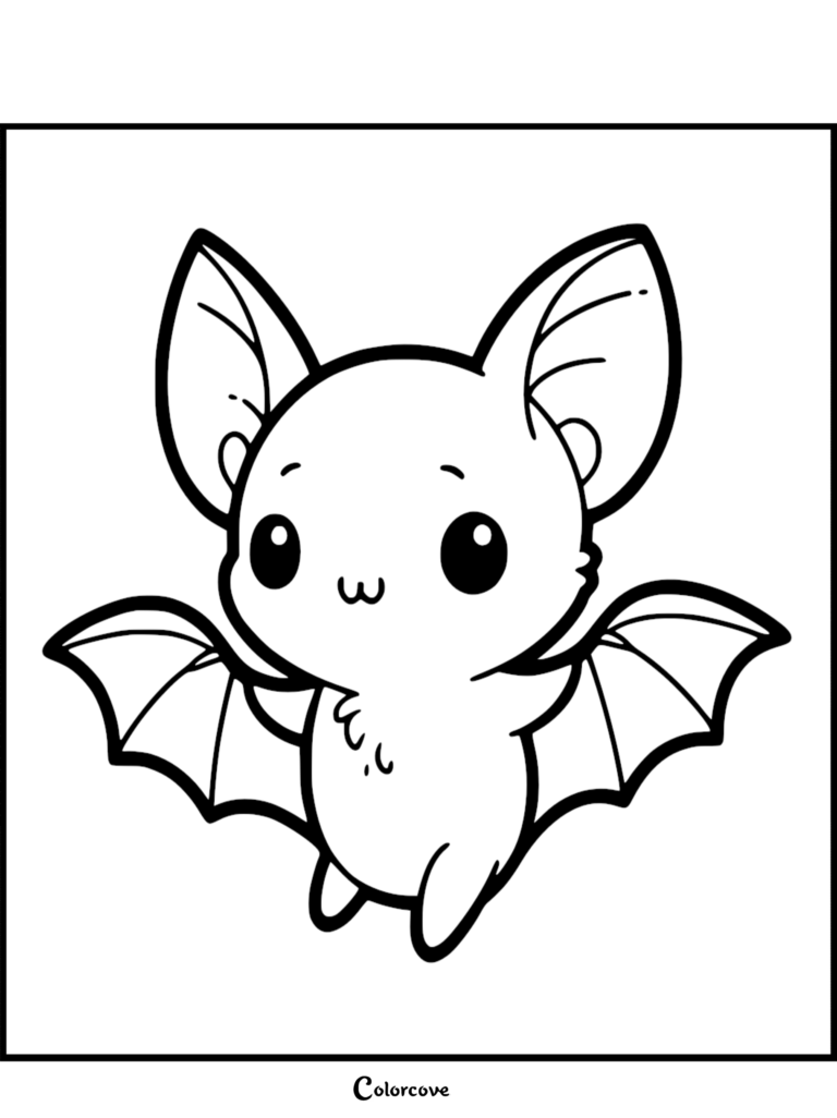 A simple coloring page featuring a small, adorable kawaii bat with large eyes and spread wings.