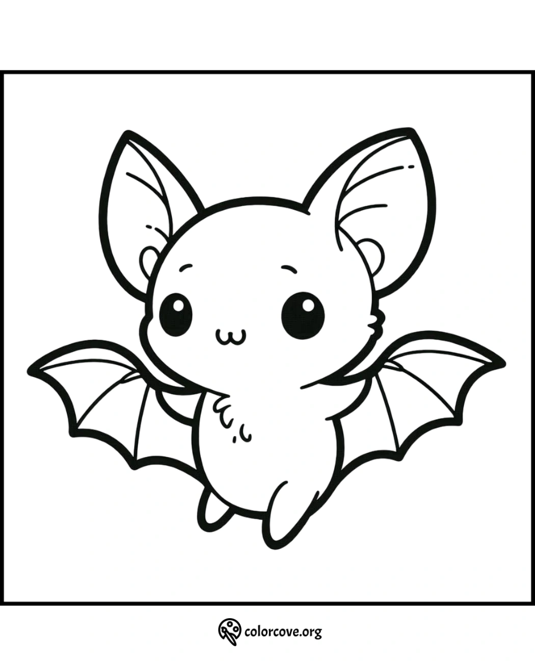 Cute bat coloring page for kids with big eyes and wings. Free printable animal coloring sheet from colorcove.org.