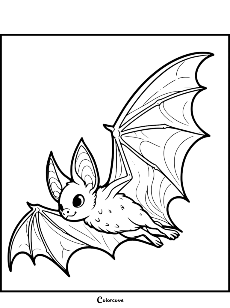 A cute cartoon bat with large eyes and detailed wings in a printable coloring page format.