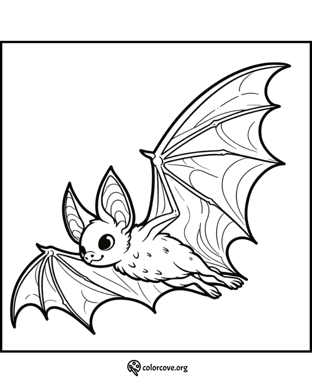 Cute bat coloring page with detailed wings and big eyes. Perfect for kids and Halloween-themed activities.