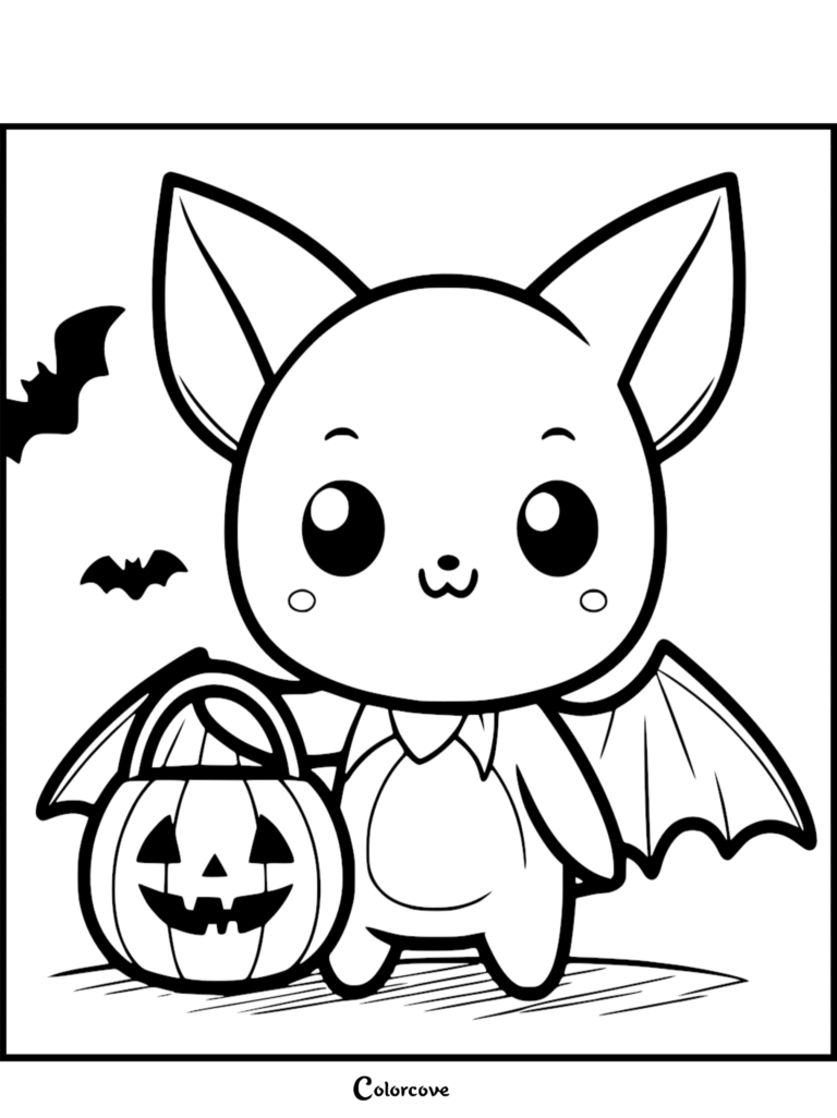 A kawaii chibi bat holding a jack-o'-lantern candy bucket, featuring large eyes and small wings, in a printable coloring page format.