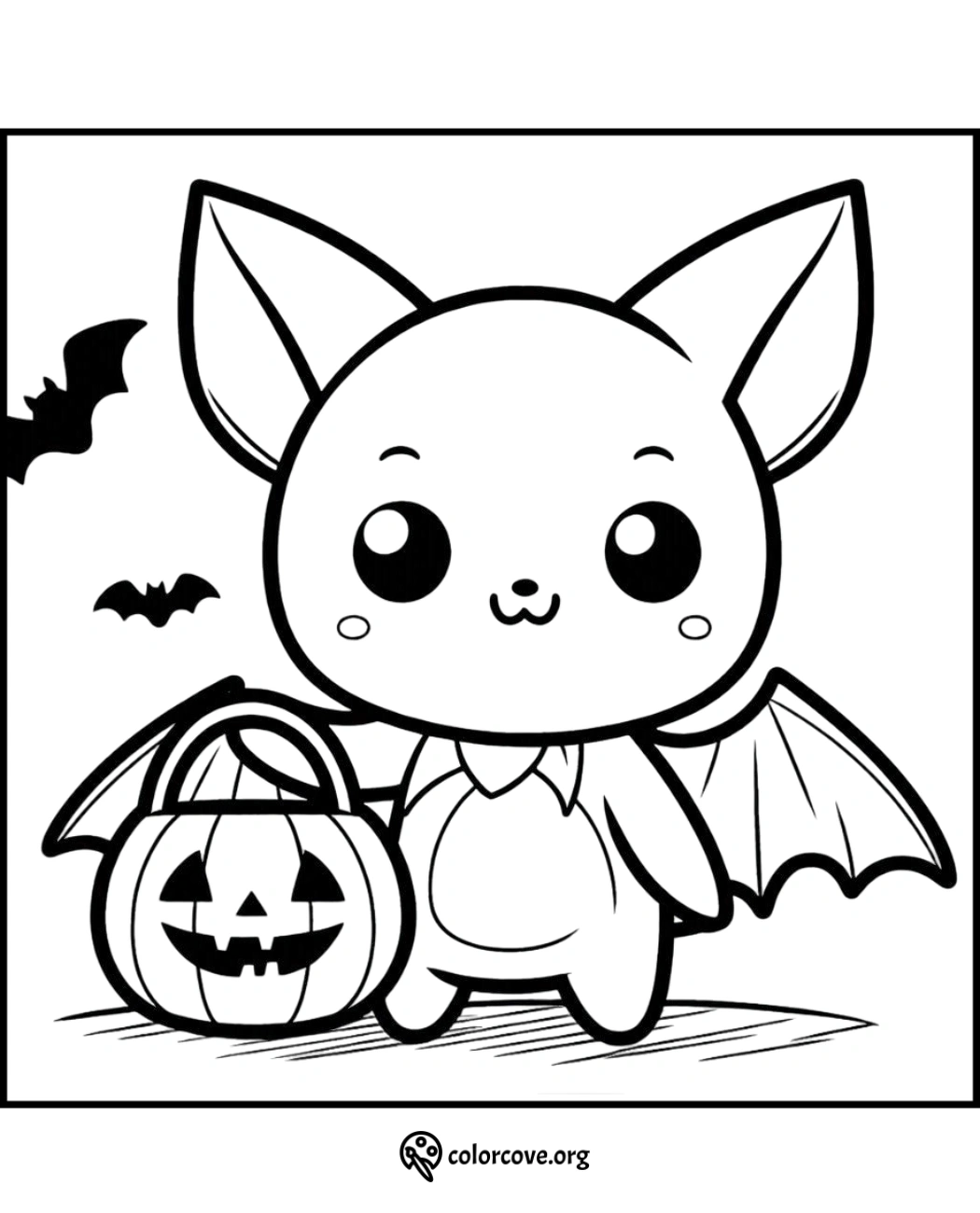 Cute Halloween bat coloring page with a jack-o'-lantern basket, perfect for kids. Print and color this free spooky illustration!