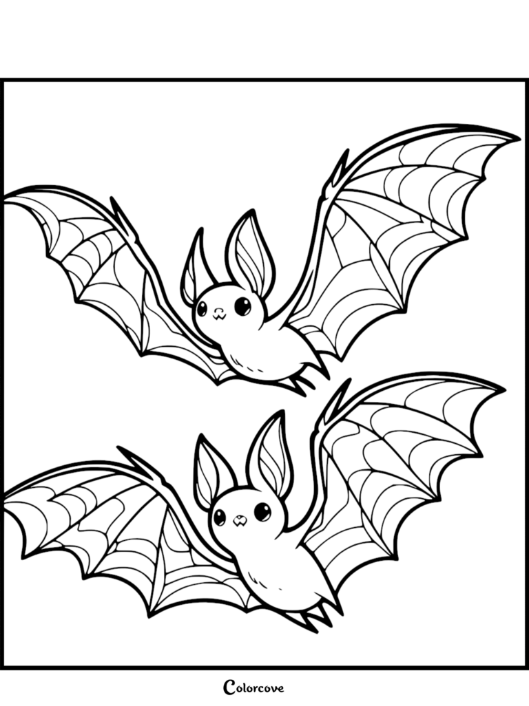 Two adorable cartoon bats with large ears and detailed wing membranes flying together in this printable coloring page.