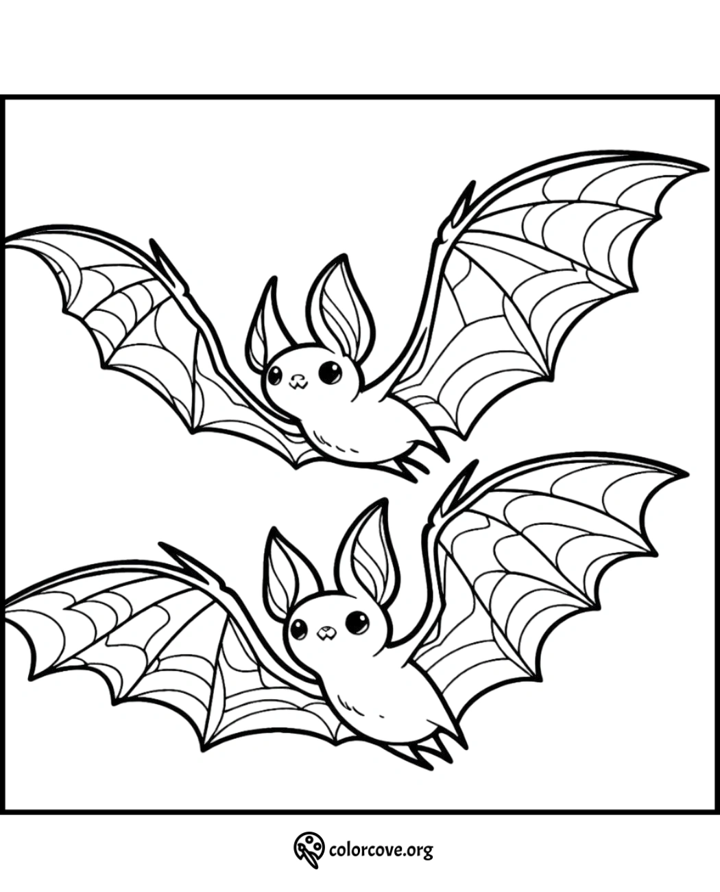 Cute bat coloring page with two bats flying, perfect for Halloween or kids' activities. Download and print this free coloring sheet.