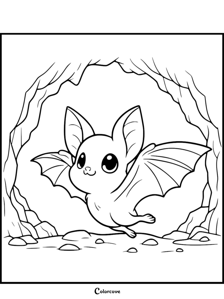 A cute cartoon bat with large eyes and spread wings flying inside a rocky cave, printable coloring page.