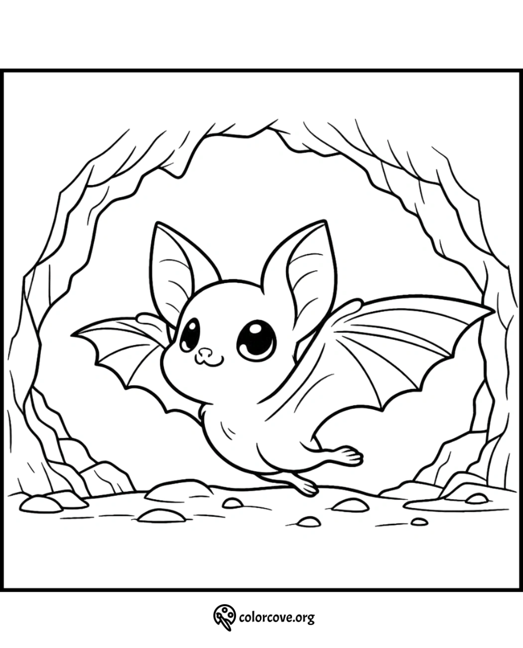 Cute bat coloring page for kids featuring a smiling bat flying out of a cave. Fun printable activity for children.