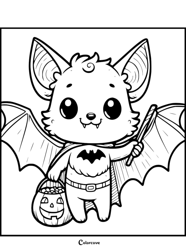 A cute cartoon bat wearing a cape and holding a jack-o'-lantern candy bucket in this printable coloring page.