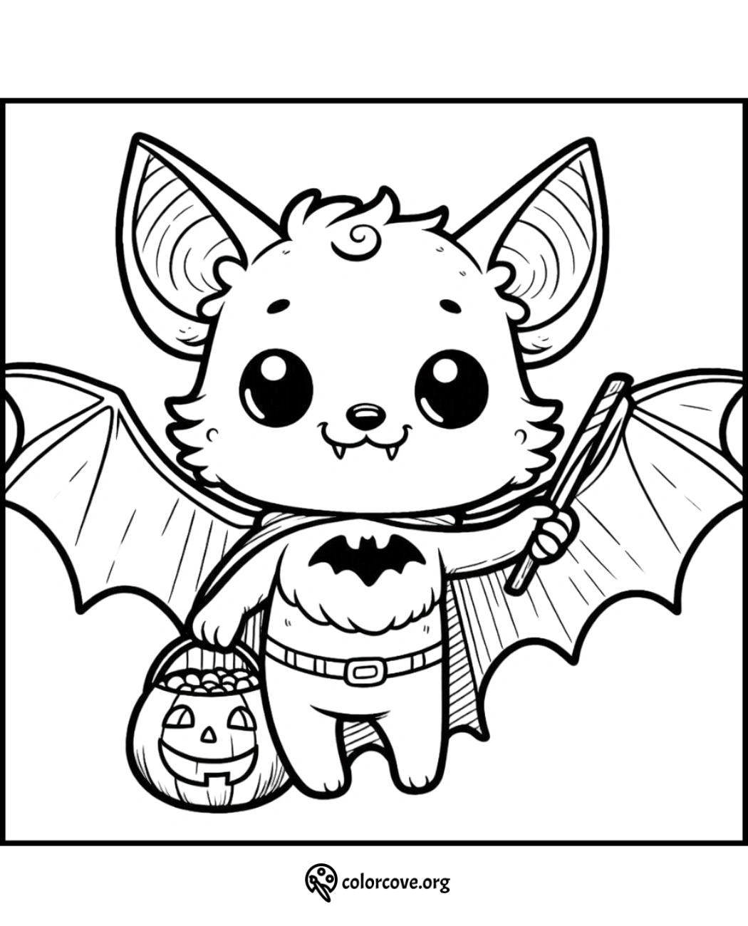 Cute bat in superhero costume holding a trick-or-treat pumpkin basket, ready to color. Perfect Halloween coloring page for kids.