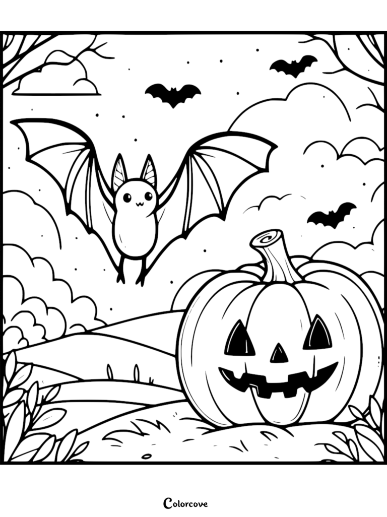 A cute cartoon bat flying over a smiling jack-o'-lantern in a spooky landscape coloring page with smaller bats in the background.