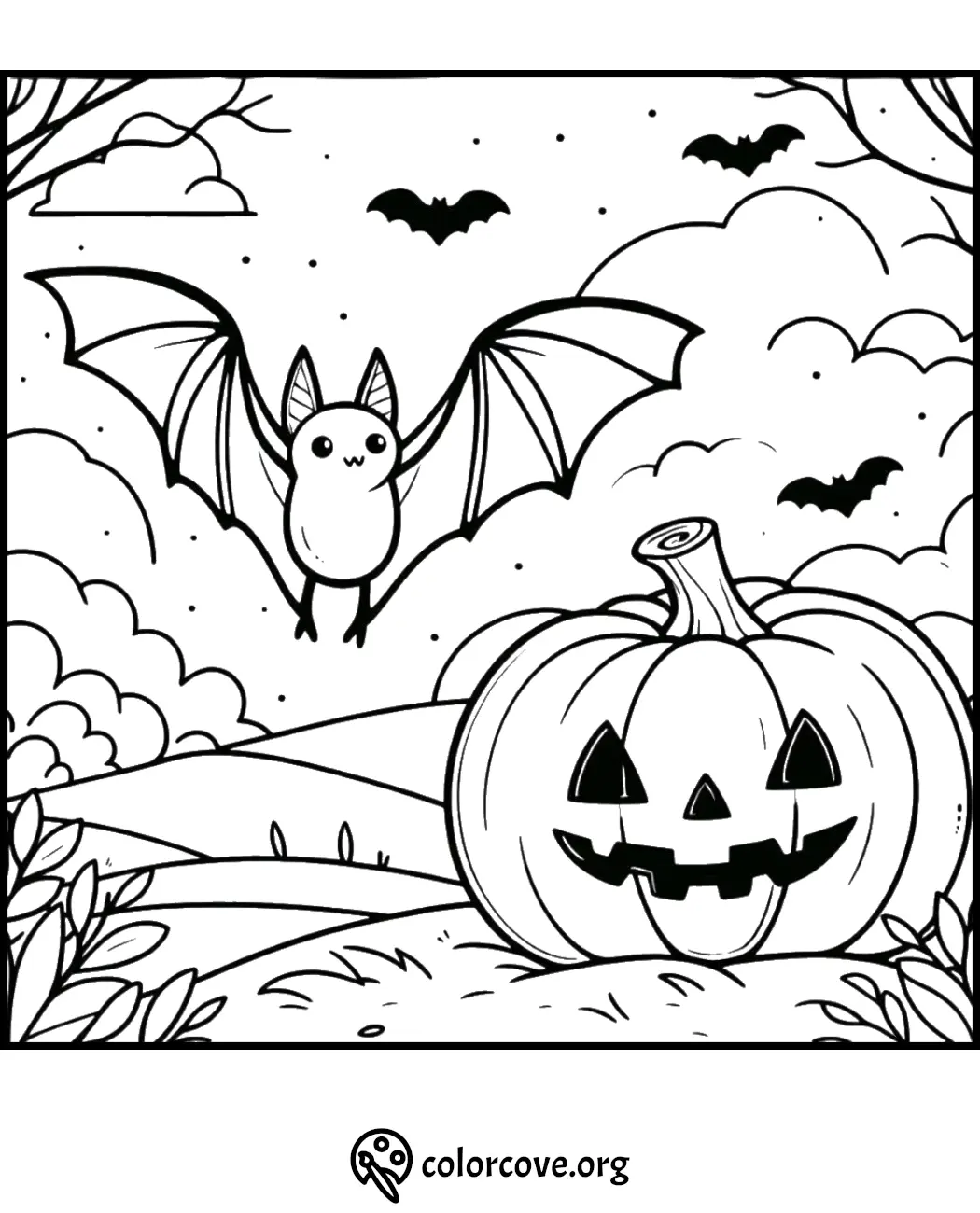 Halloween coloring page featuring a happy bat flying over a spooky pumpkin with hills and clouds in the background.