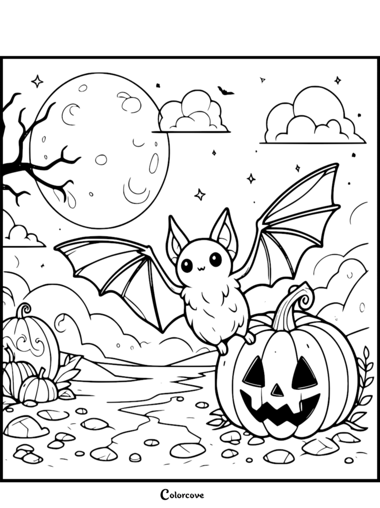 A cute cartoon bat with large ears and wings perched on a carved jack-o'-lantern under a full moon, featured in a Halloween coloring page.