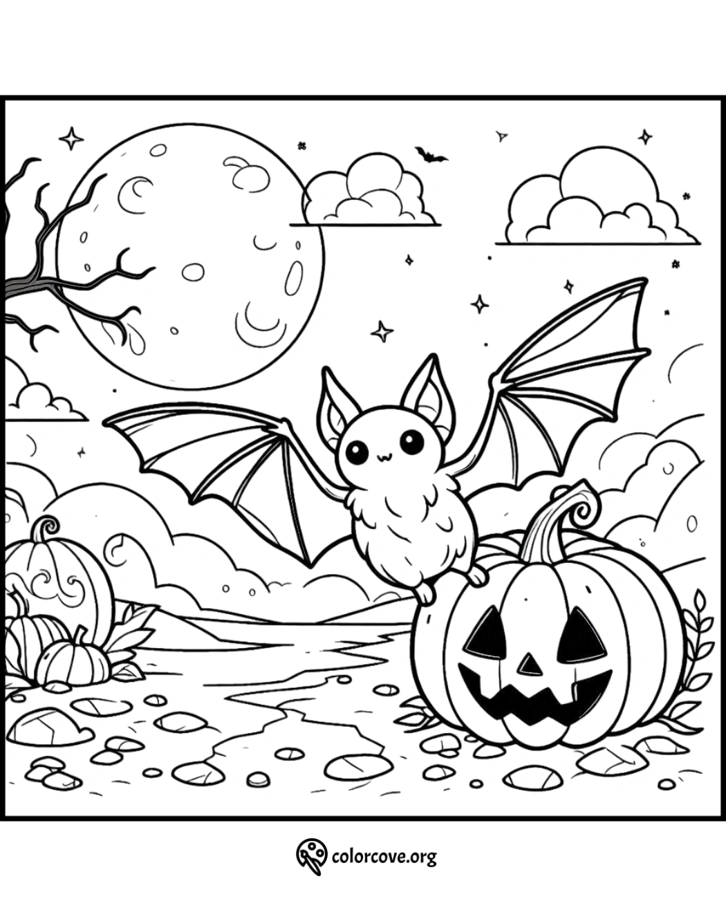 Cute bat and pumpkin coloring page with moonlit sky, clouds, and stars. Halloween-themed printable for kids.