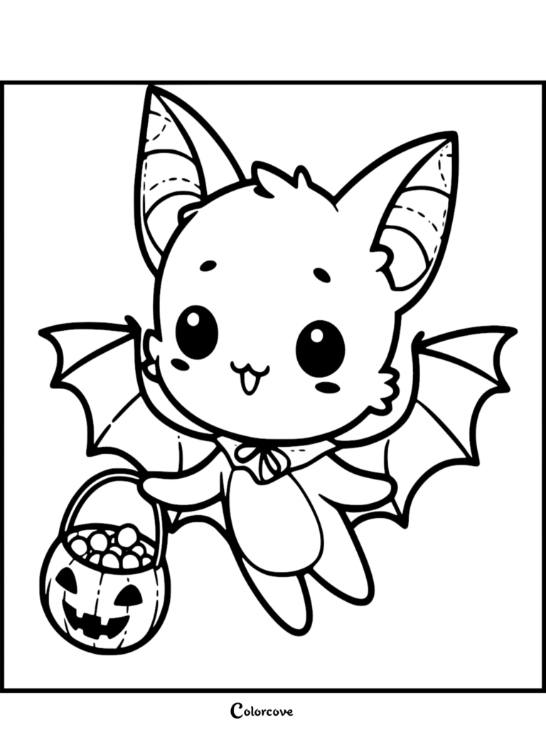 A kawaii bat wearing a cape and holding a jack-o'-lantern candy bucket in this printable coloring page.