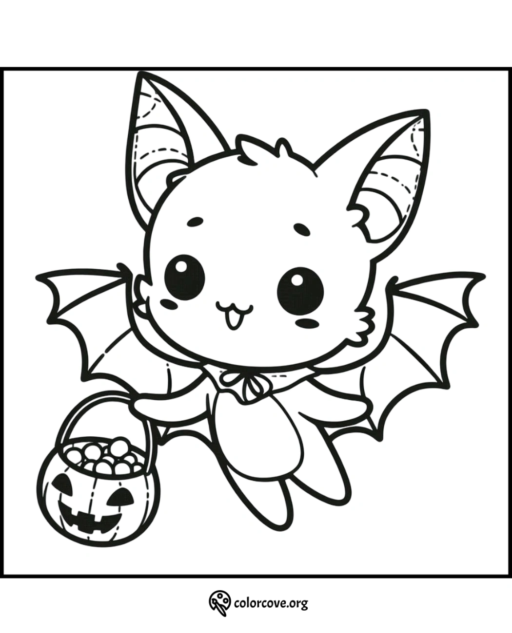 Cute Halloween bat with candy basket coloring page for kids. Printable Halloween bat illustration from colorcove.org.