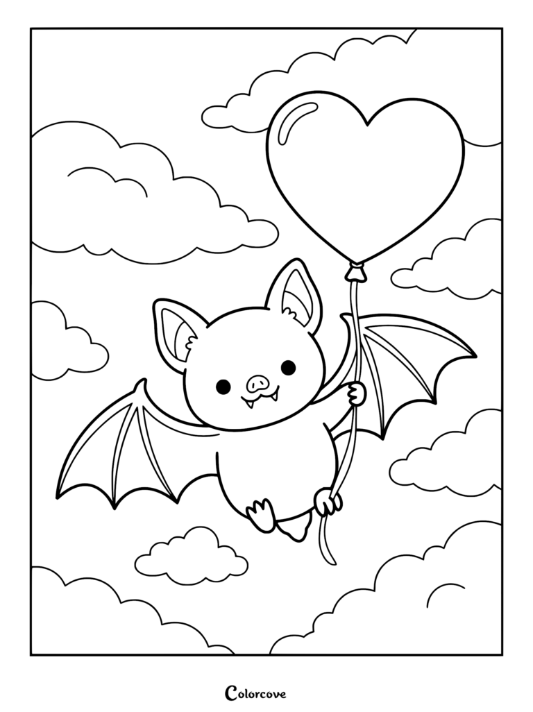 A cute cartoon bat flying through the clouds while holding a large heart-shaped balloon in this printable coloring page.
