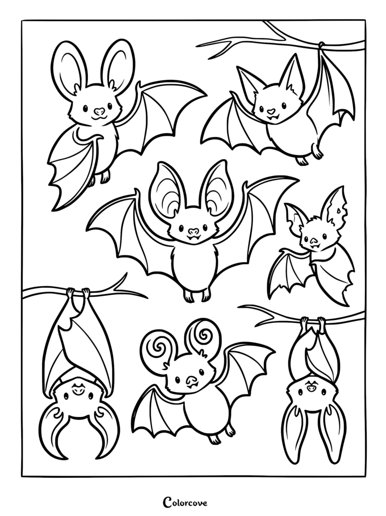 A collection of six adorable cartoon bats in various poses, including some flying and some hanging from tree branches, featured on a printable coloring page.