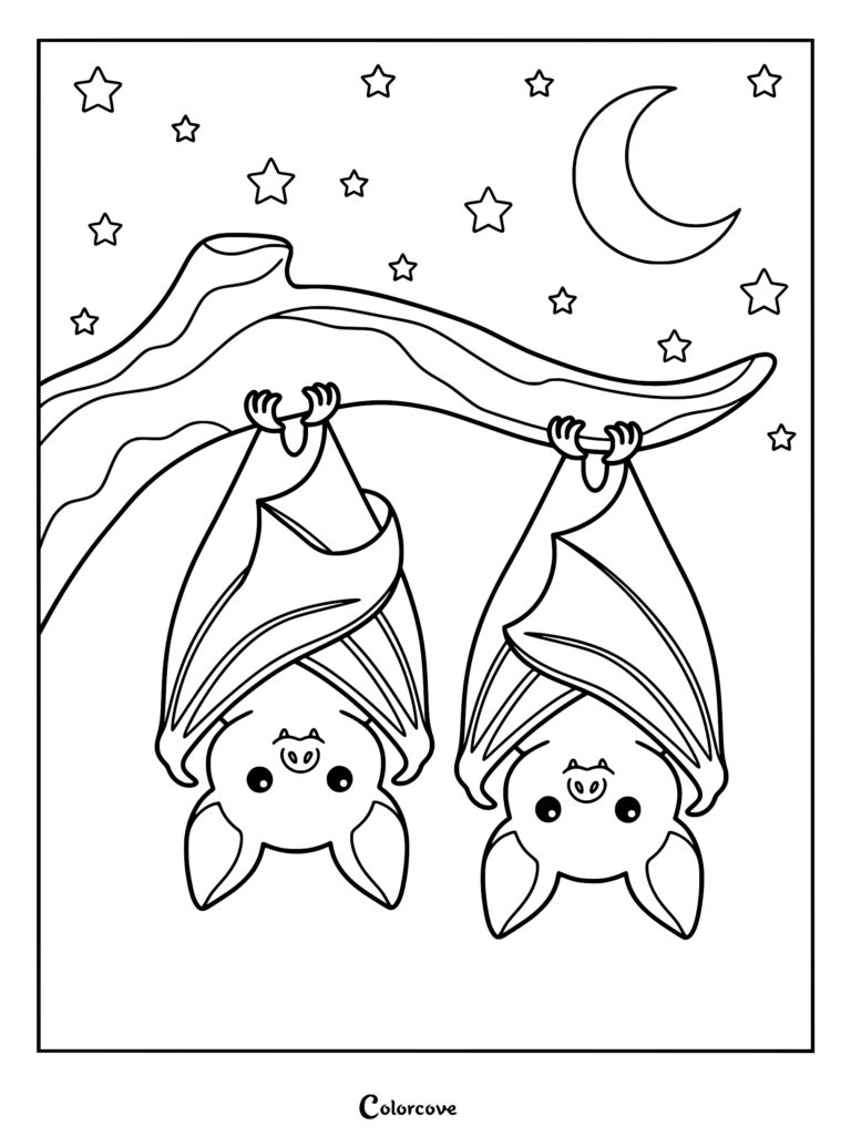 Two cute cartoon bats hanging upside down from a tree branch under a crescent moon and stars in this printable coloring page.