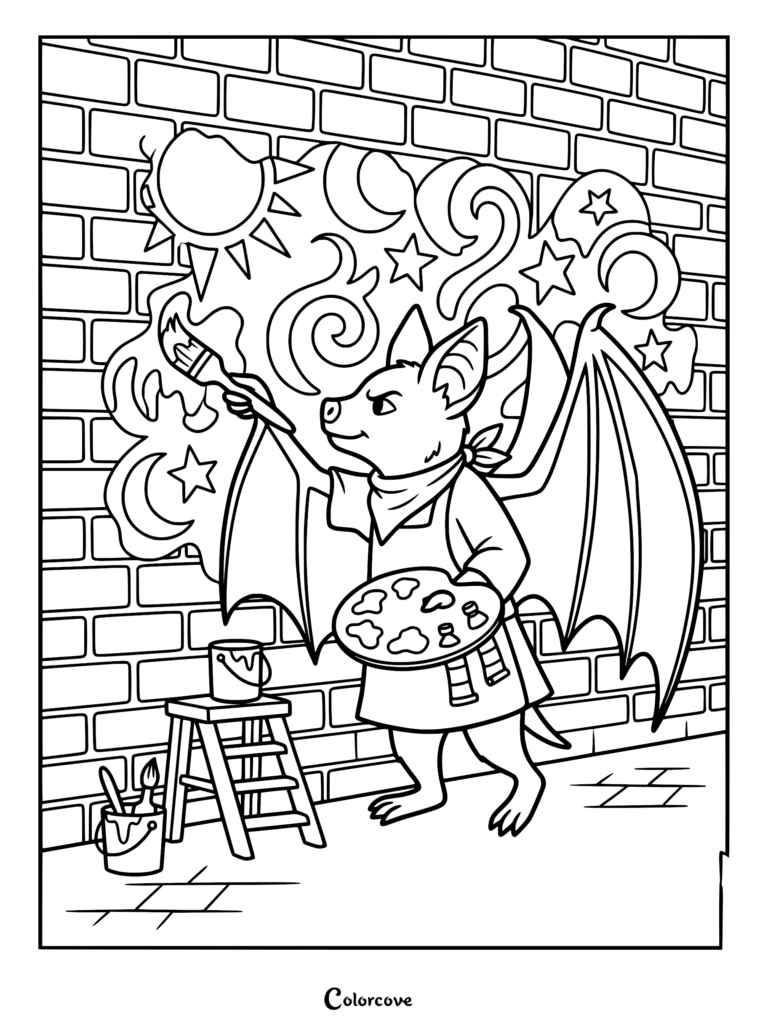 A bat wearing an apron and bandana painting a sun, moon, and stars mural on a brick wall, coloring page style.