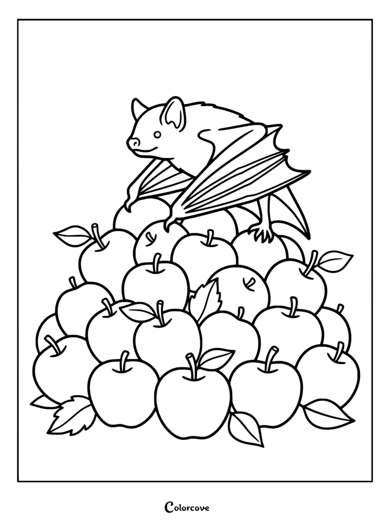A cute cartoon bat perched on top of a large heap of fresh apples in this printable coloring page.