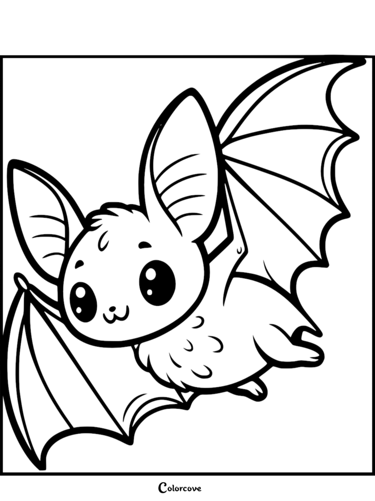 A cute chibi-style bat with large eyes and pointed ears flying in this printable coloring page.