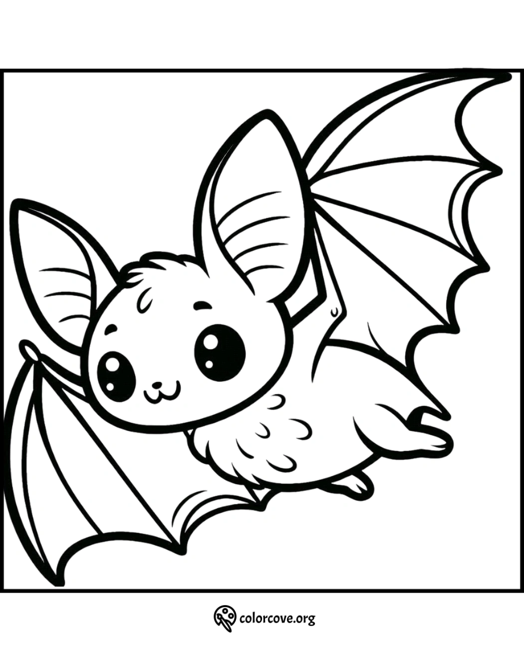 Cute bat coloring page for kids. Free printable bat illustration for Halloween coloring activities.