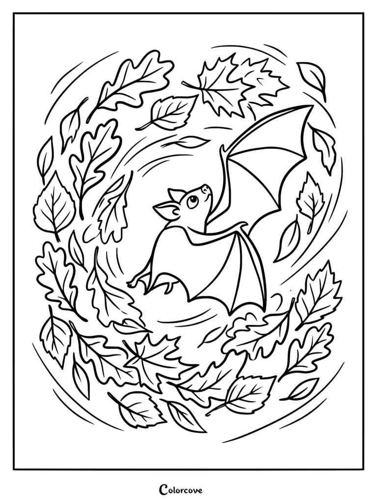 A cute bat flying through a swirling vortex of autumn oak and maple leaves in this printable coloring page.