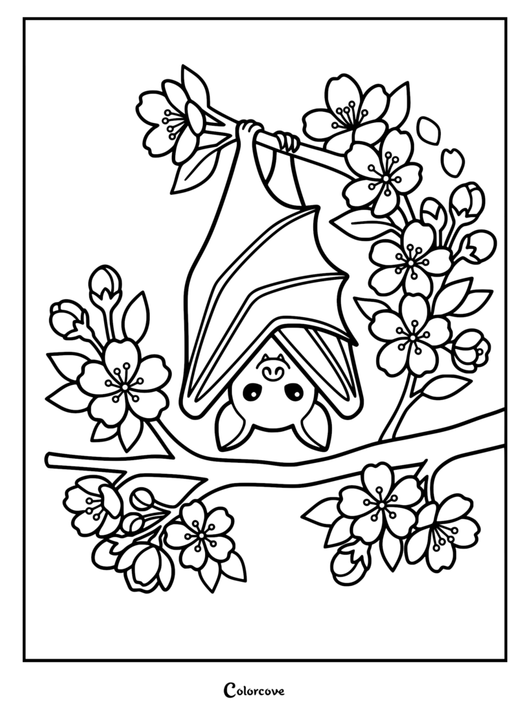 A cute bat hanging upside down from a cherry blossom branch in this printable coloring page.