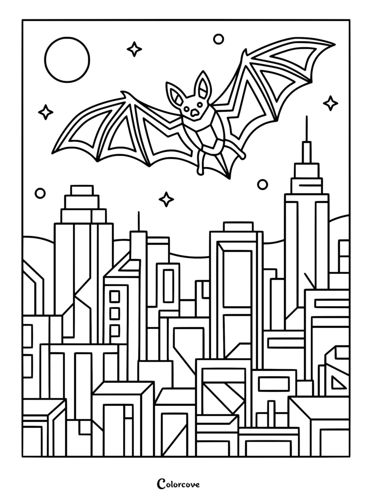 A simple line art coloring page featuring a bat with outstretched wings soaring above a geometric city skyline at night with a moon and stars.