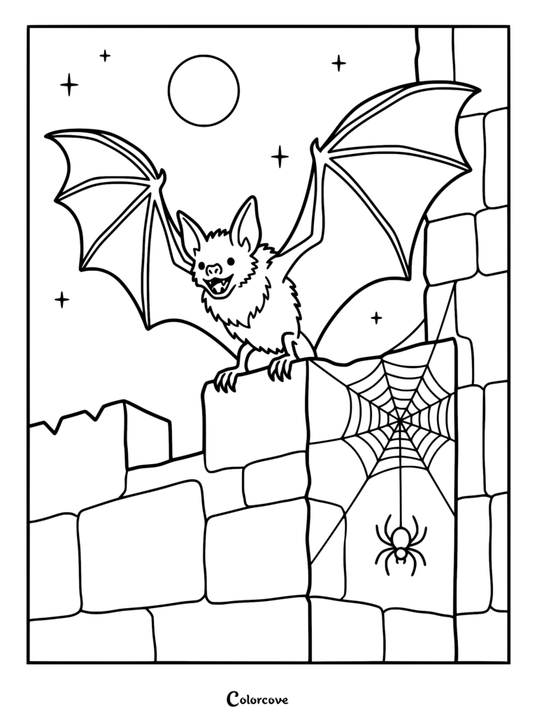 A cute bat with wings spread wide perched on a stone wall next to a spider web, featured in a printable coloring page.