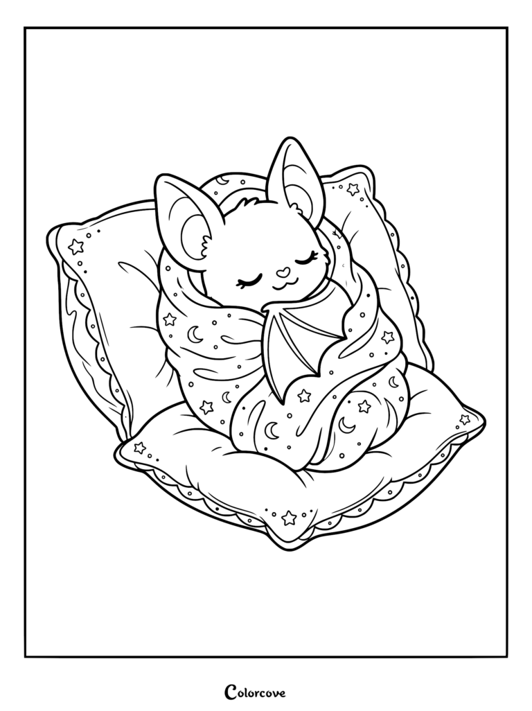 A kawaii baby bat wrapped in a star and moon patterned blanket sleeping on a soft pillow, line art coloring page.