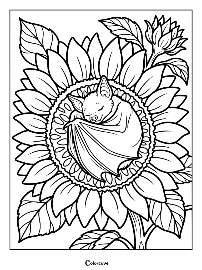 A cute bat curled up and sleeping inside the center of a large sunflower, detailed line art coloring page.