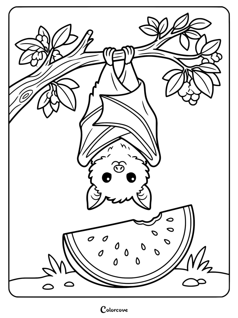 A cute cartoon bat hanging upside down from a leafy tree branch above a slice of watermelon in this printable coloring page.
