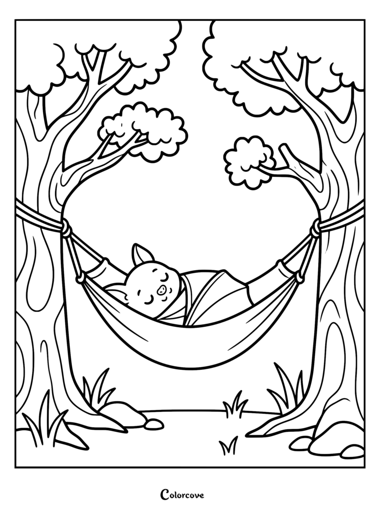 A cute bat wrapped in a blanket sleeping peacefully in a hammock strung between two trees in this printable coloring page.