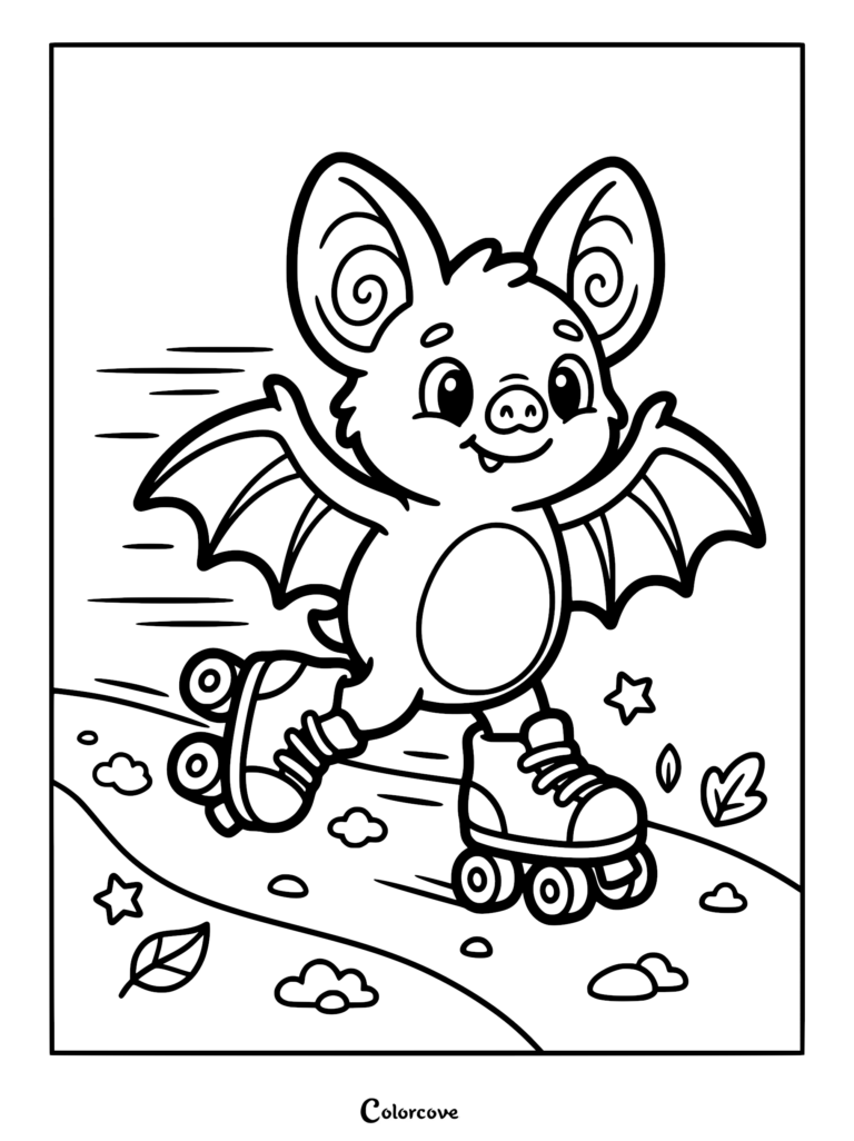 A happy cartoon bat with large ears roller skating on a path, featured in a printable coloring page.