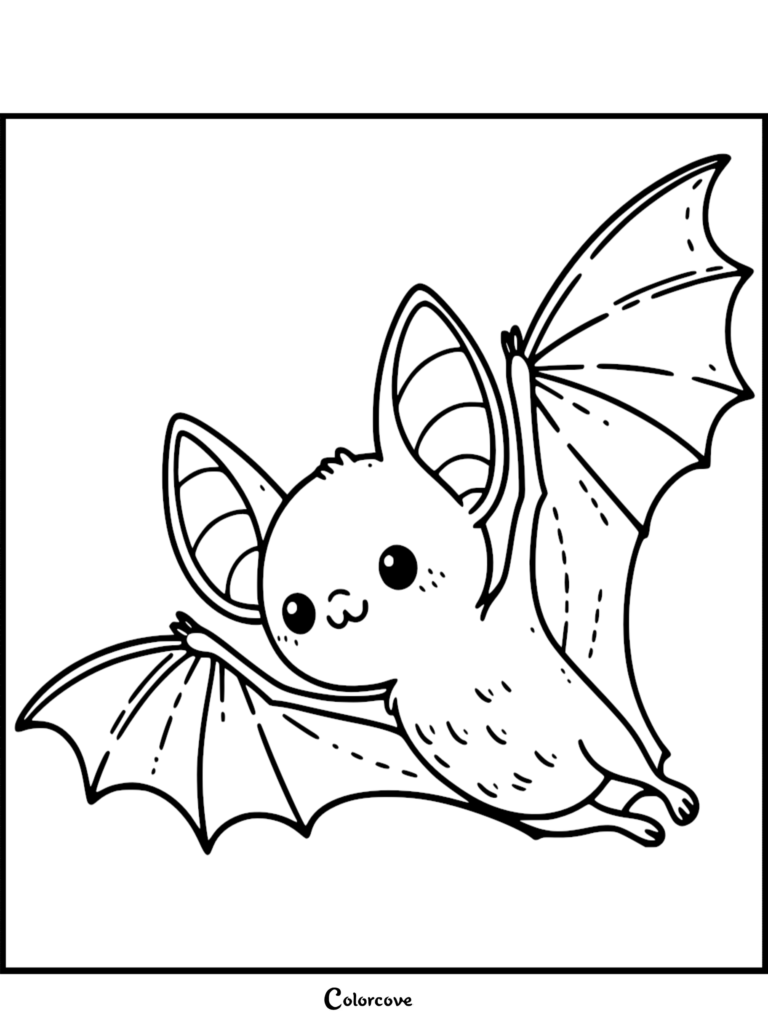 A simple line art coloring page featuring a small, happy cartoon bat with large ears and outstretched wings flying.