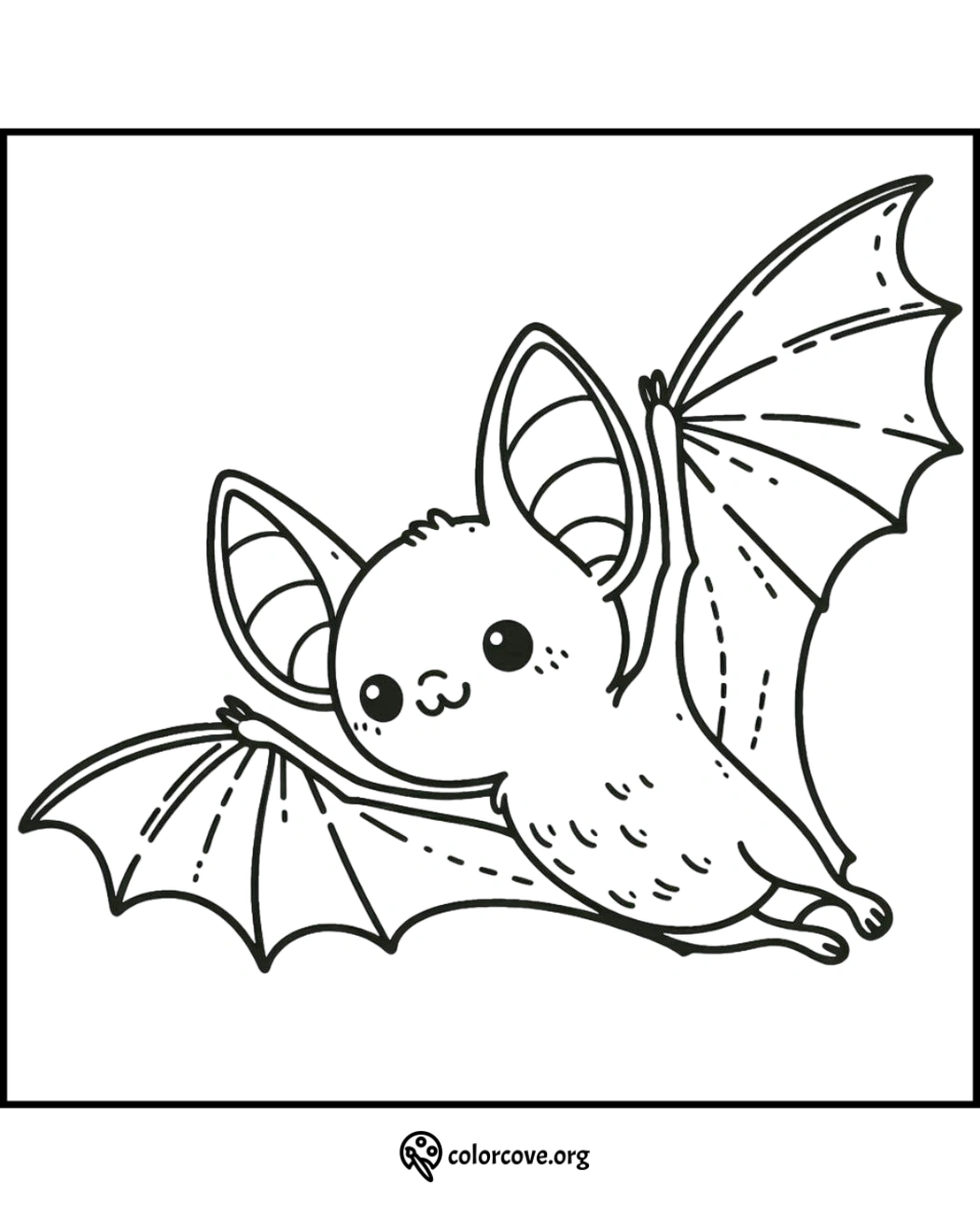 Cute cartoon bat coloring page for kids featuring a flying bat with big ears and wings. Ideal for Halloween fun.