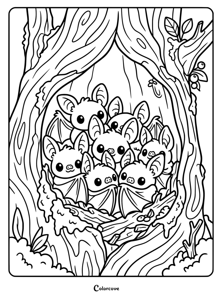 A group of six adorable cartoon bats huddled together inside a hollow tree trunk coloring page with thick black outlines.