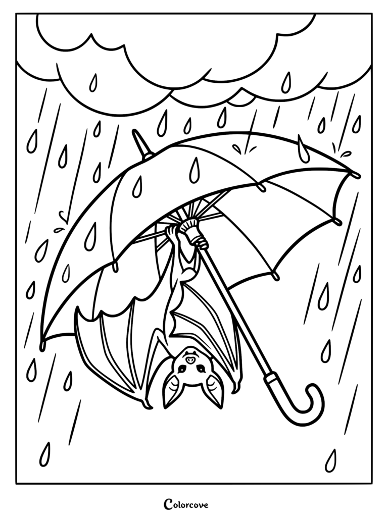 A cute bat hanging upside down while holding an open umbrella during a rainstorm in this printable coloring page.