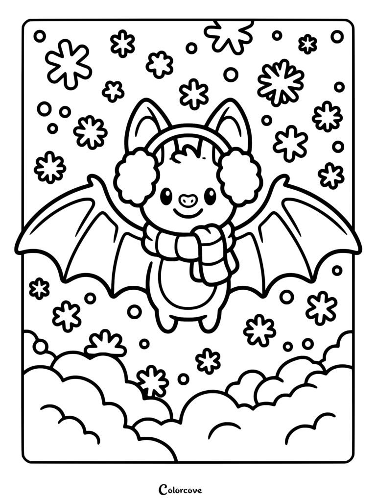 A cute cartoon bat wearing earmuffs and a scarf flying through falling snowflakes, printable coloring page.