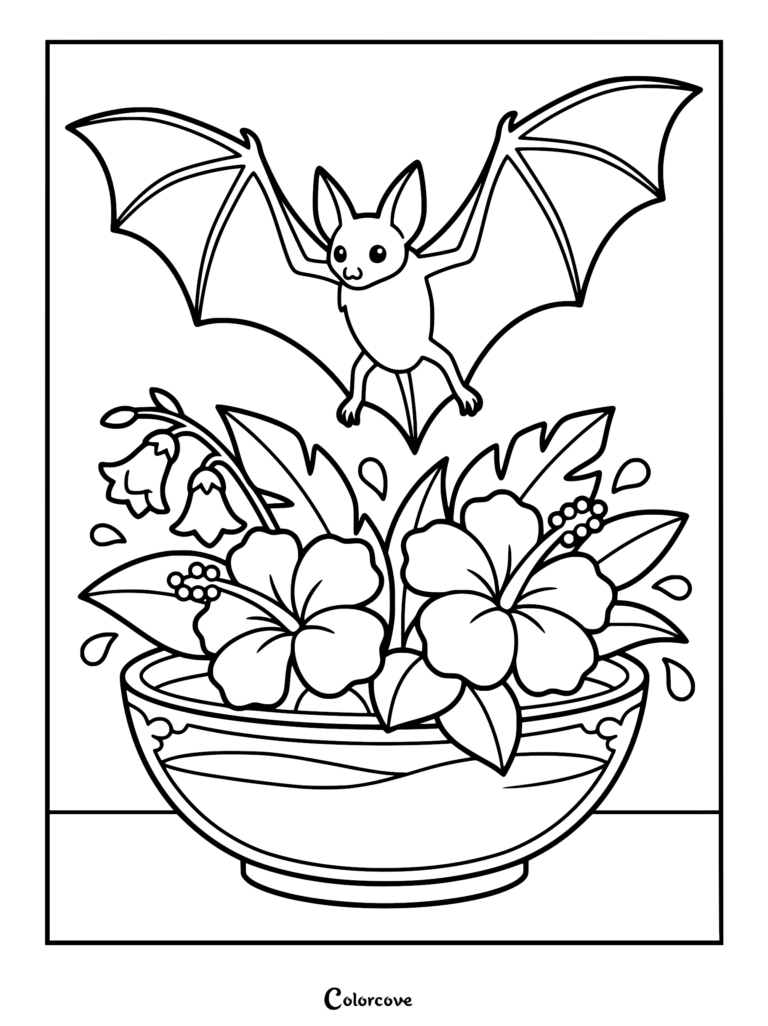 A cute cartoon bat flying above a decorative bowl filled with hibiscus flowers and tropical leaves in this printable coloring page.