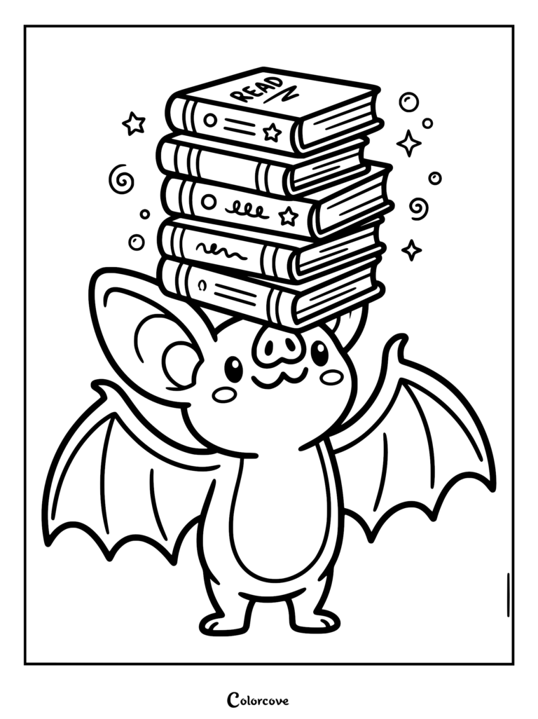 A cute cartoon bat balancing a tall stack of books on its head in this printable coloring page.