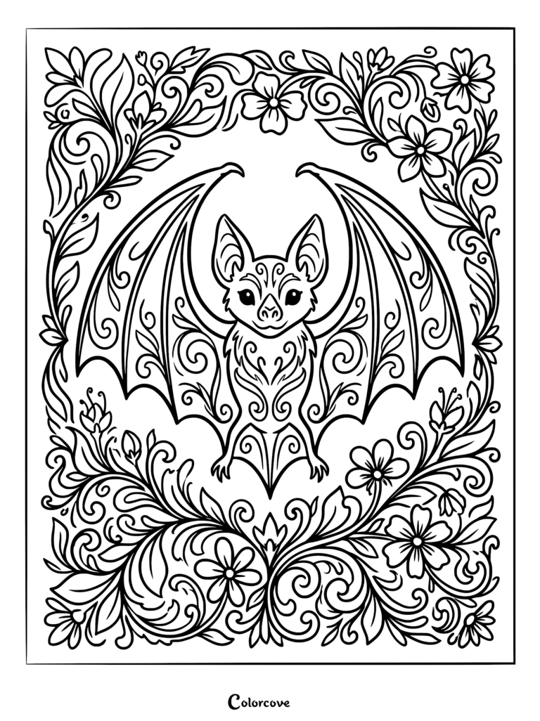 Intricate coloring page featuring a stylized bat with ornate filigree patterns surrounded by a decorative frame of blooming flowers and swirling vines.