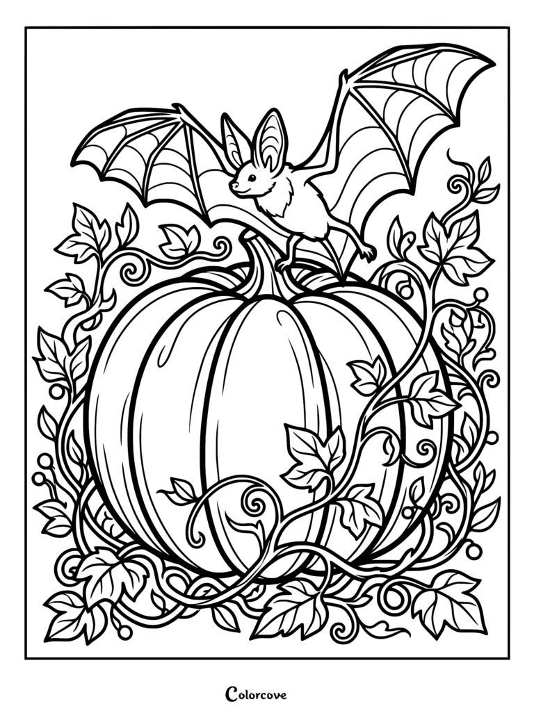 A cute bat with large ears perched on a large pumpkin surrounded by leafy vines in this printable coloring page.