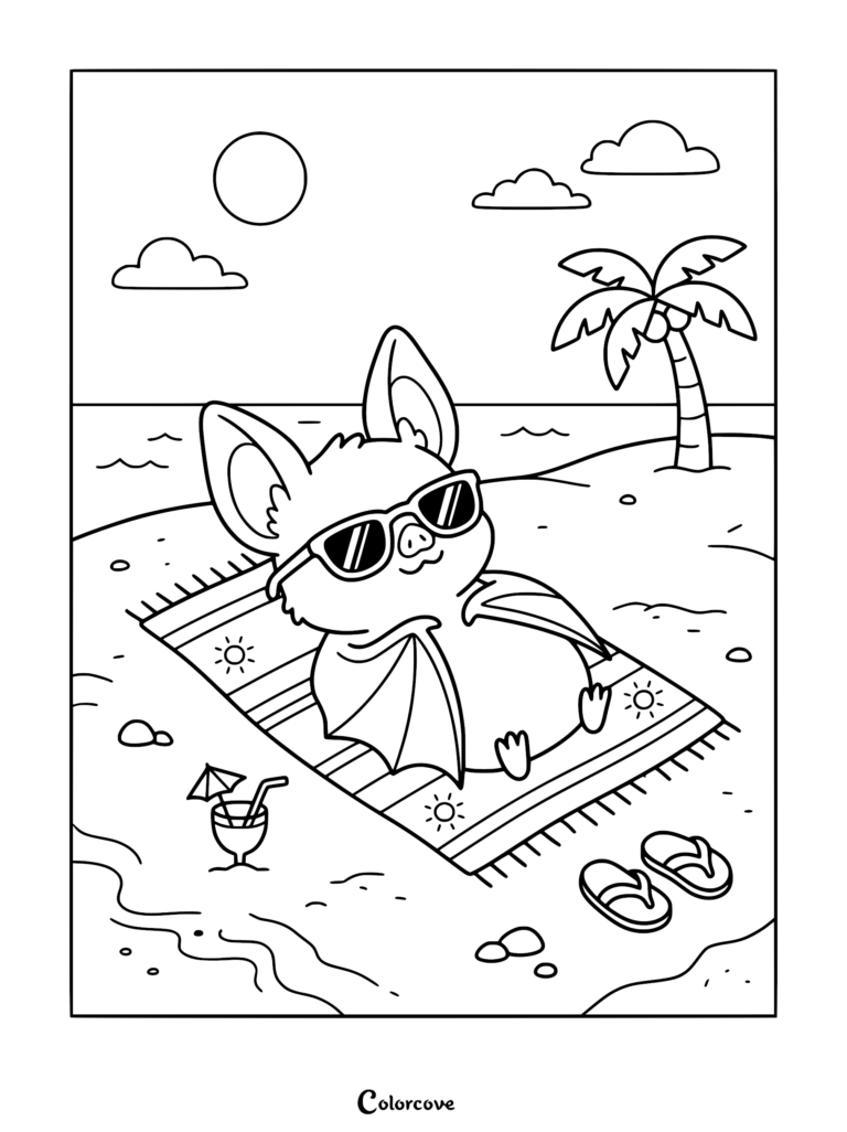 A cute bat wearing sunglasses lounging on a beach towel under a palm tree in this printable coloring page.
